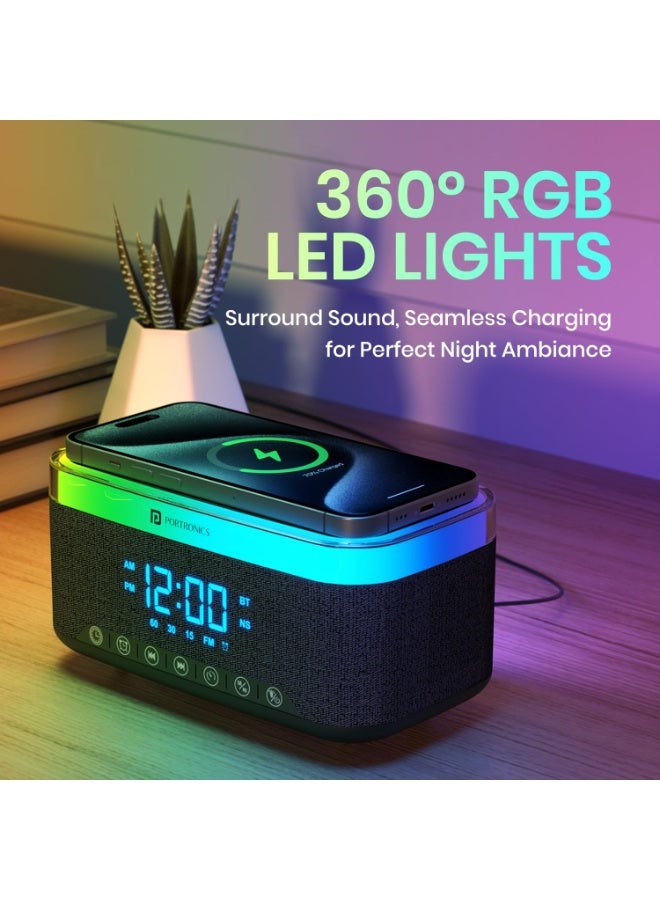 بورترونيكس Portronics Trifusion 16W HD Sound Bluetooth Speaker with 15W Wireless Charging, 360°RGB LED Lights, Digital Clock with Alarm Setting, Built-in White Noise, USB/SD Card/AUX in, Type C Charging(Black) - Image 4